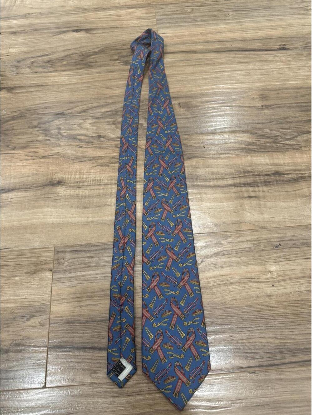 Vintage Gucci Silk Tie Blue Equestrian Horse Tack Made in Italy 3.5"